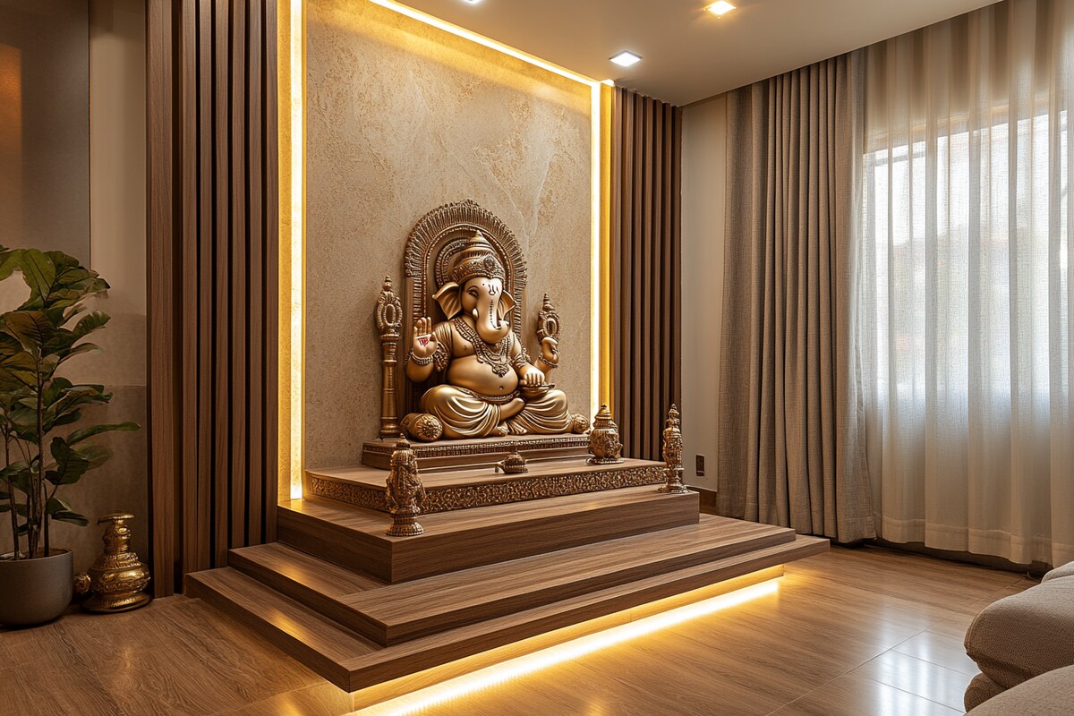 Contemporary Wooden Mandir Design With LED Backlighting